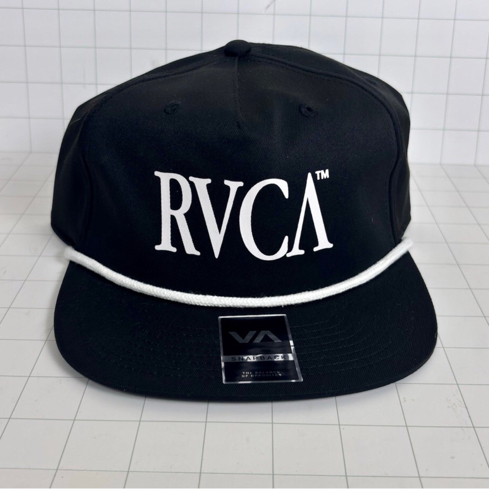 RVCA Off Grid Black Snapback Hat with White Logo and Rope Unstructured Cap